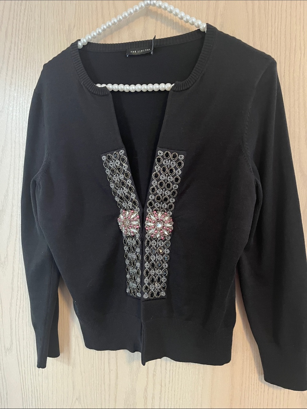 The Limited Black Cardigan with Beaded Floral Appliqué